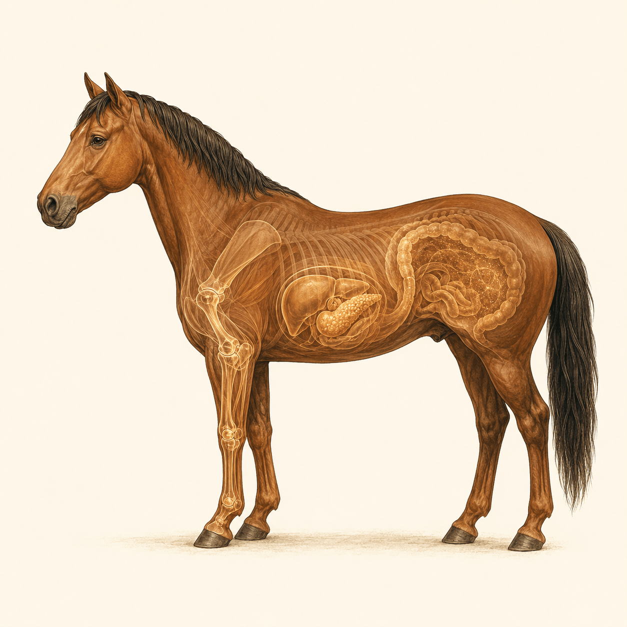 Veterinary anatomy illustration of a horse showing the metabolic systems: glucose regulation, inflammatory response, and gut microbiome